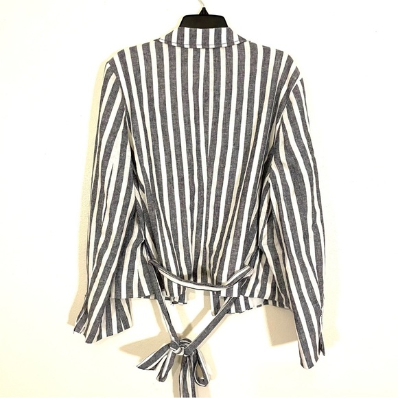 New York & Company Blazer Nautical Tie Waist Blue Striped Linen Blend Open Sz XL - Picture 2 of 7